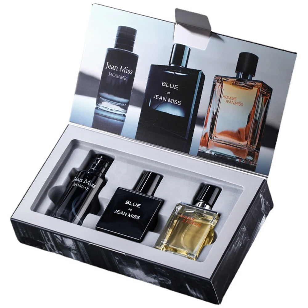 Jean Miss 3pc Men's Cologne Gift Set: 90ml rectangular glass bottles, lasting fragrance for masculine scent collections.