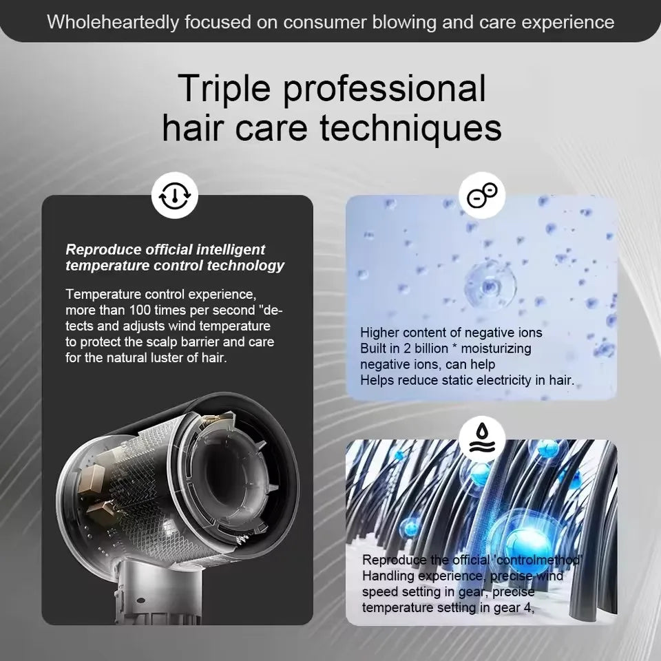 Portable high-speed negative ion hair dryer with smart temperature control and 4 heat settings for quick, quiet drying.
