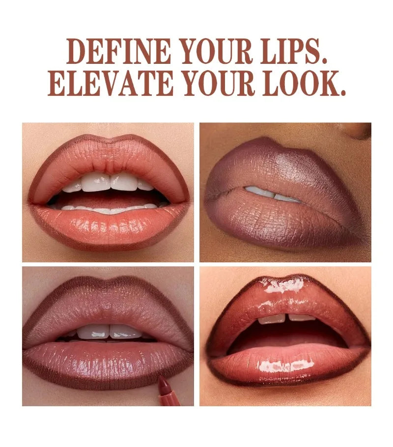Long-lasting waterproof matte lip liner pencil for smooth, velvet, non-stick lip definition and coloring.