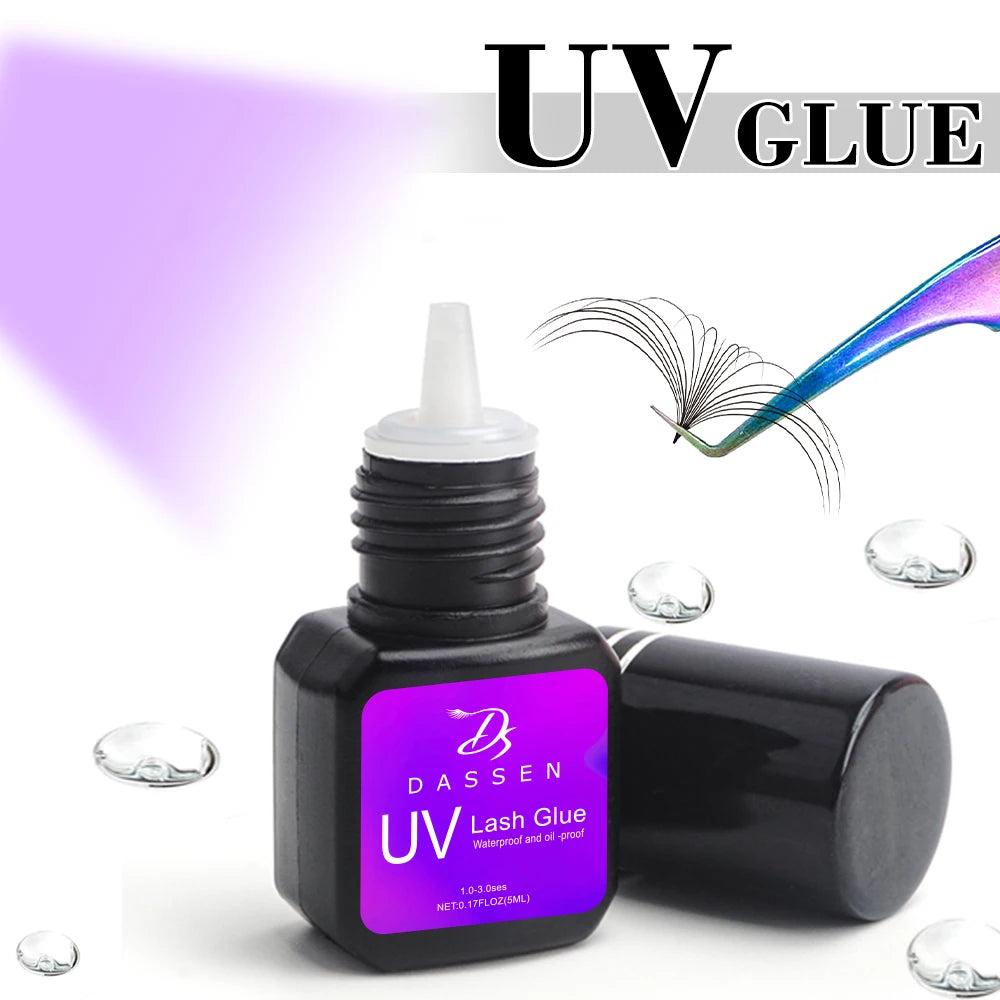 Dassen 5ml UV eyelash extension glue bottle with purple label, black cap, and lash application tweezers.