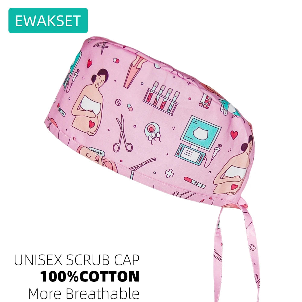 Pink medical scrub cap with medical print, 100% cotton, breathable, adjustable tie-back for vet, nurse, or dental staff.