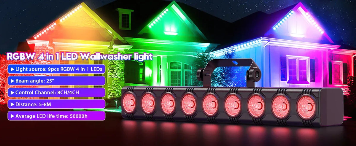 RGBW LED wall wash light bar with multicolor illumination on a house facade