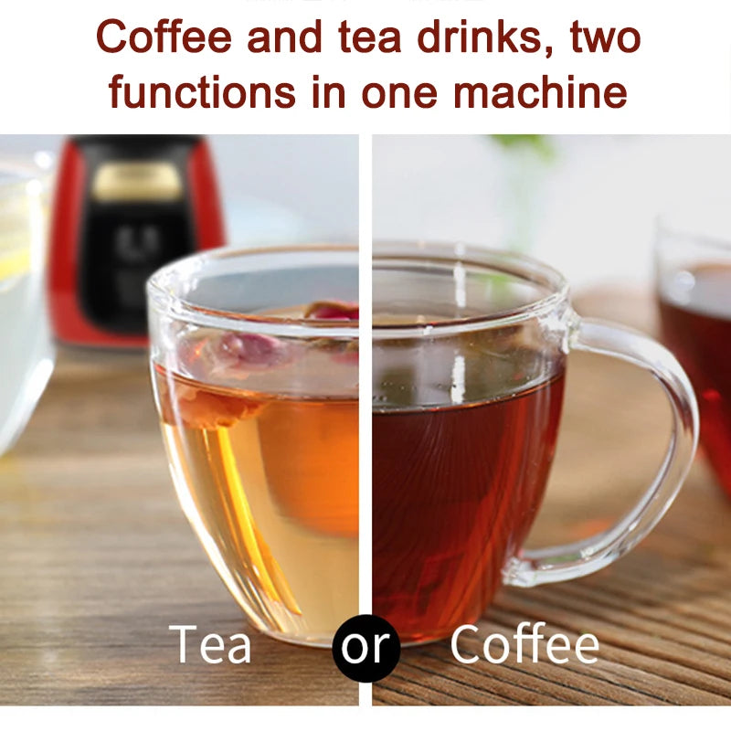 Two-in-one red coffee and tea maker with clear glass cups showing brewed floral tea and black coffee on wood table.