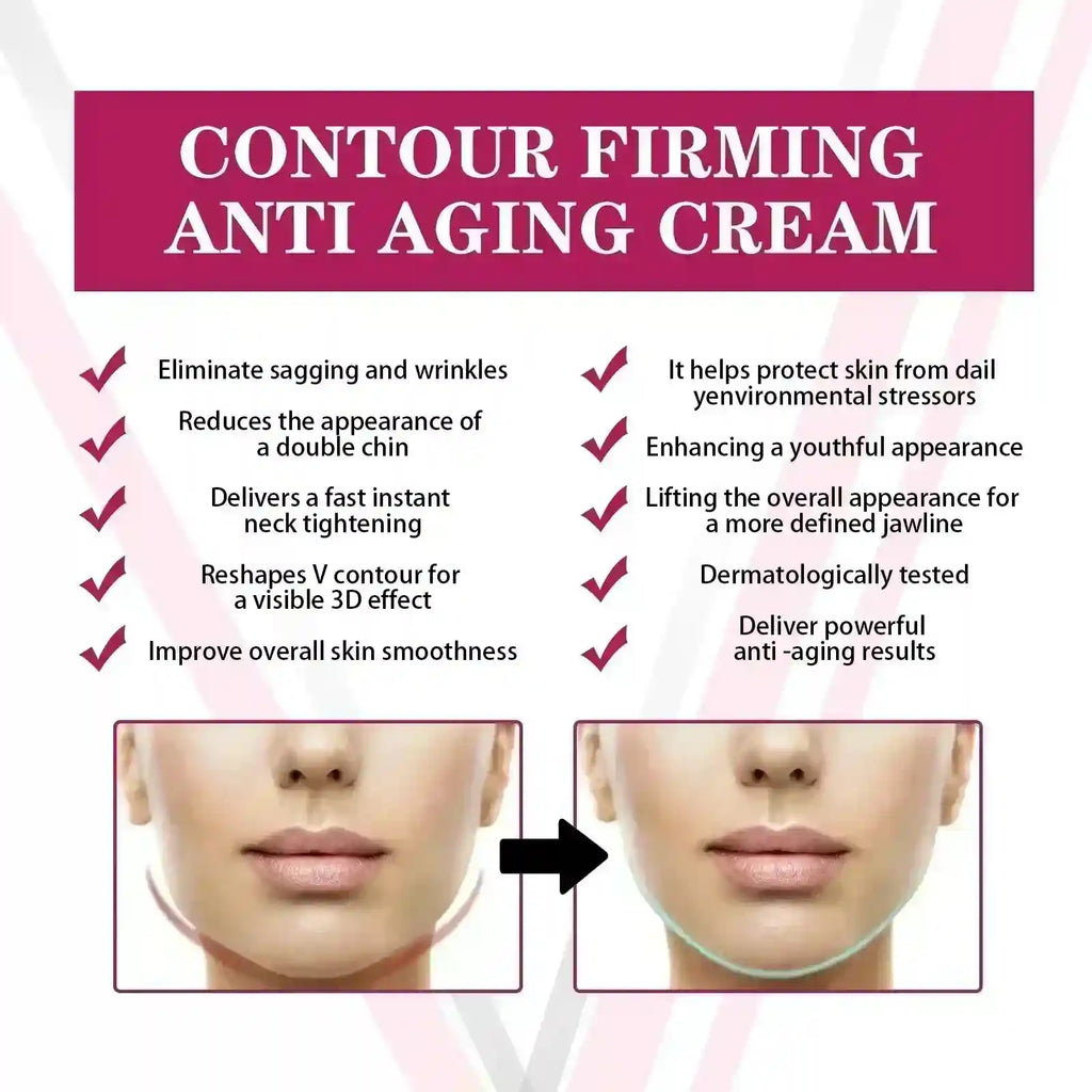 Infographic for V-Line firming cream, showing before-and-after results of a defined, lifted jawline.
