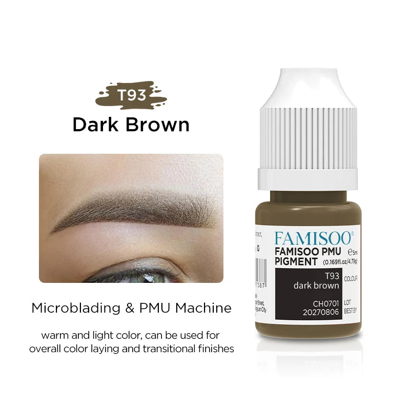 T93 dark brown PMU pigment in a 5ml squeeze bottle for microblading and machine shading of eyebrows.
