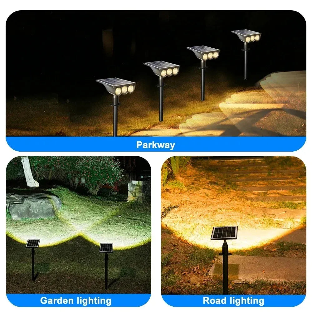 Four black solar LED landscape lights with solar panels on top illuminating a dark walkway and garden.