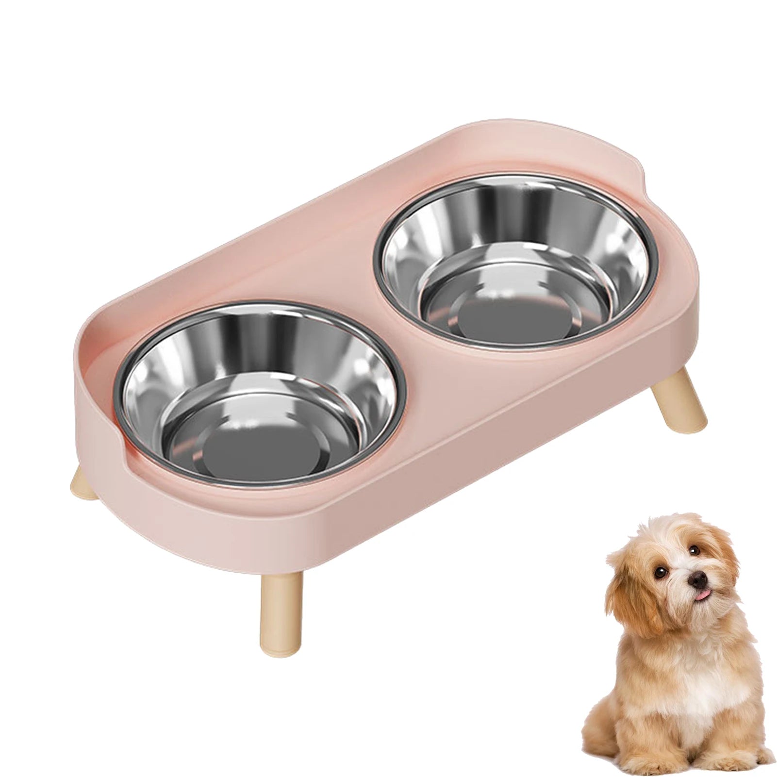 Elevated pink dual stainless steel pet bowl for dogs and cats with anti-slip design for comfortable cervical posture.