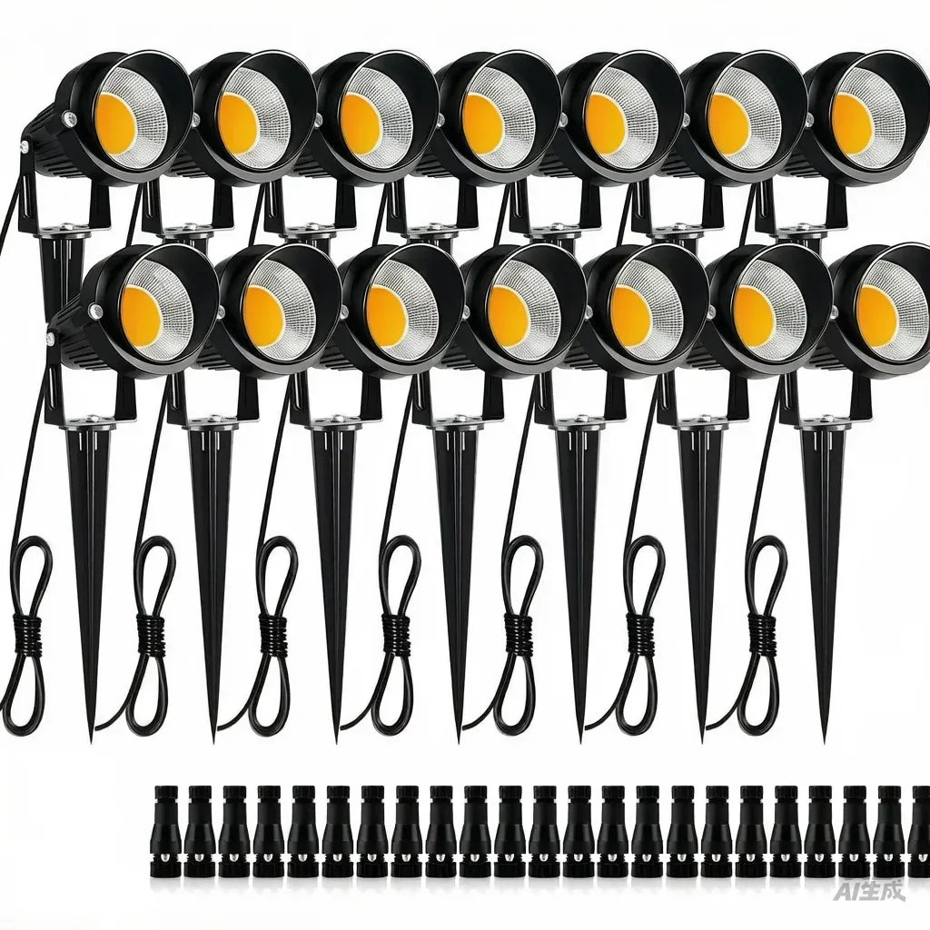 Set of black low-voltage LED landscape spotlights with ground stakes and cables