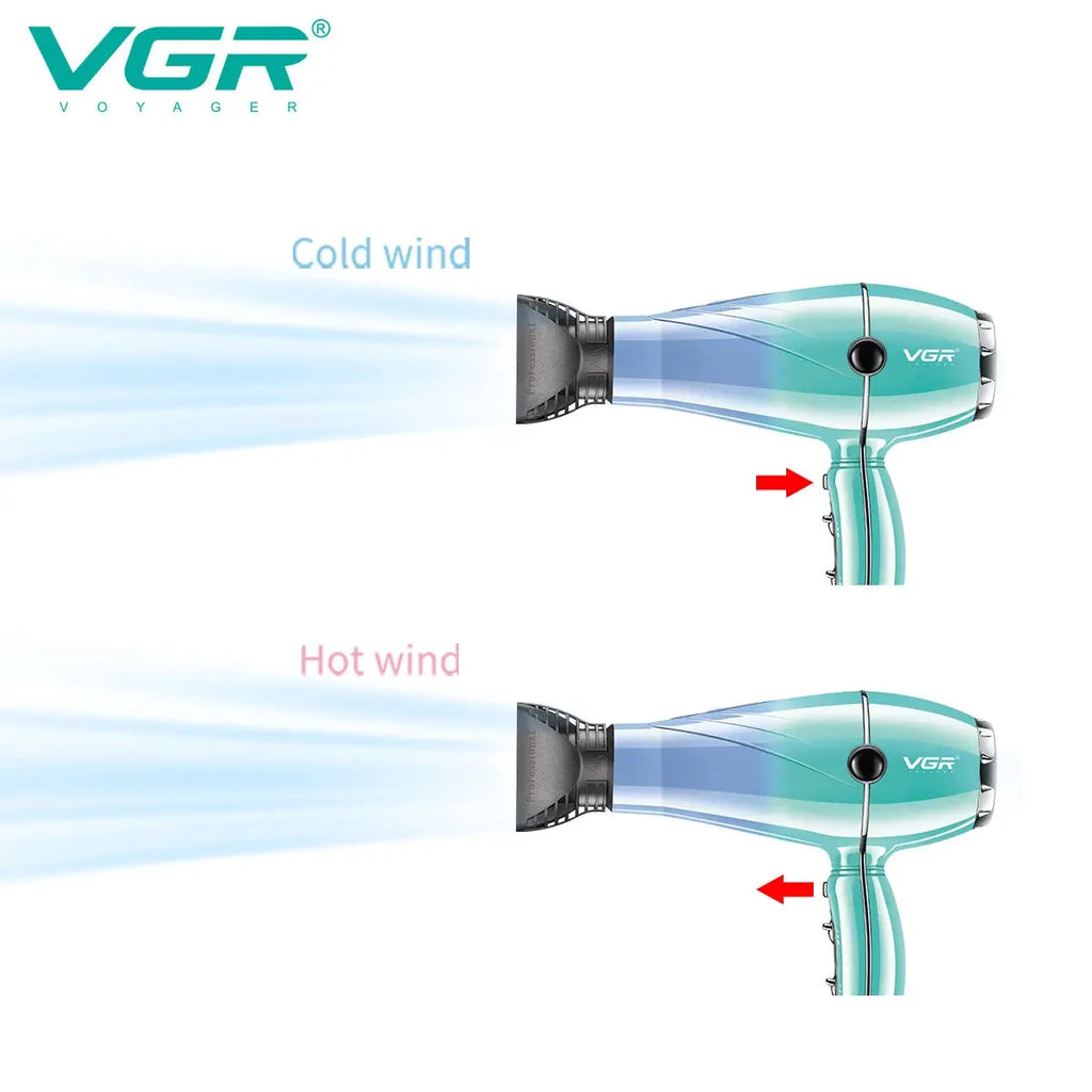 VGR V-452 professional negative ion hair dryer in cyan with nozzle attachment, showing hot and cold airflow settings.
