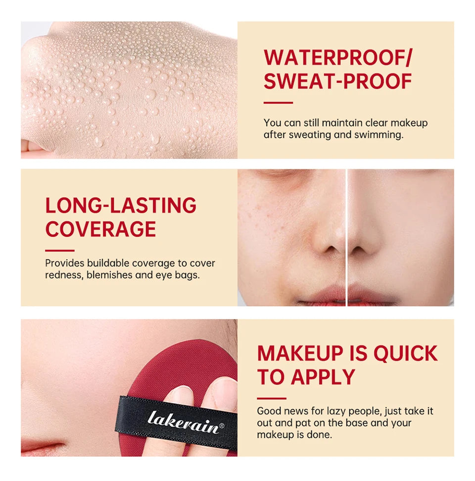 Tidesmit Lakerain waterproof cushion foundation texture detail showing full coverage semi-matte face makeup finish