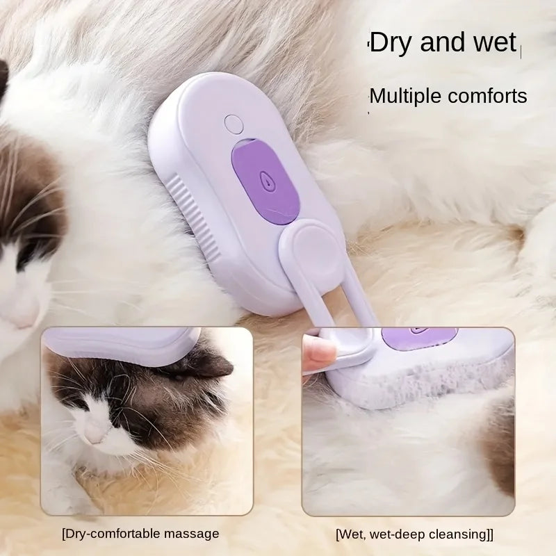3-in-1 steam pet brush for cats and dogs. Rechargeable purple grooming tool with silicone bristles for deep cleaning.