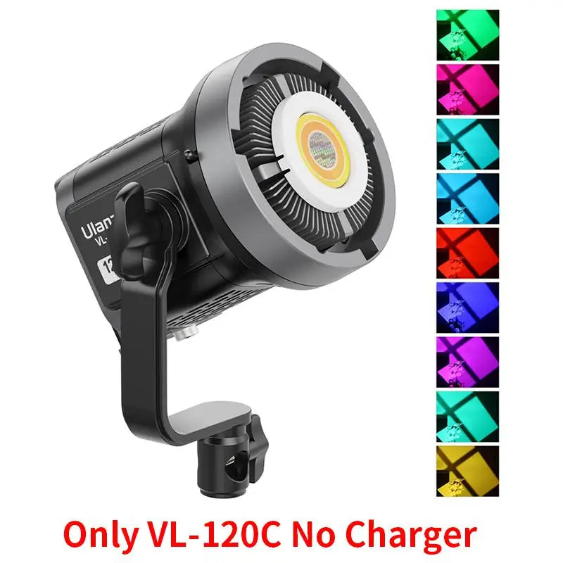 Black VL-120C LED studio video light with a round COB chip and adjustable mounting bracket, shown with RGB color