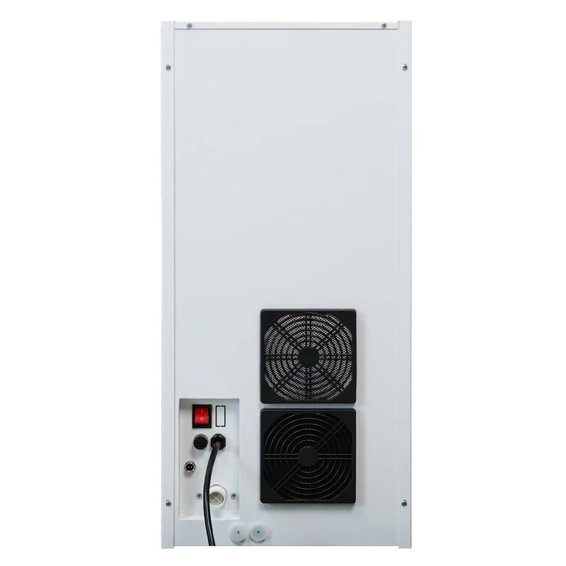 Back view of white metal commercial coffee machine featuring two cooling fans, power switch, and cable connection.