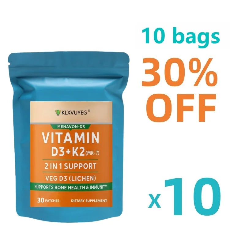 Tidesmit Vitamin D3 K2 MK7 patch for bone and heart health, 10-pack bundle of D3 and K2 vitamin supplements for adults.