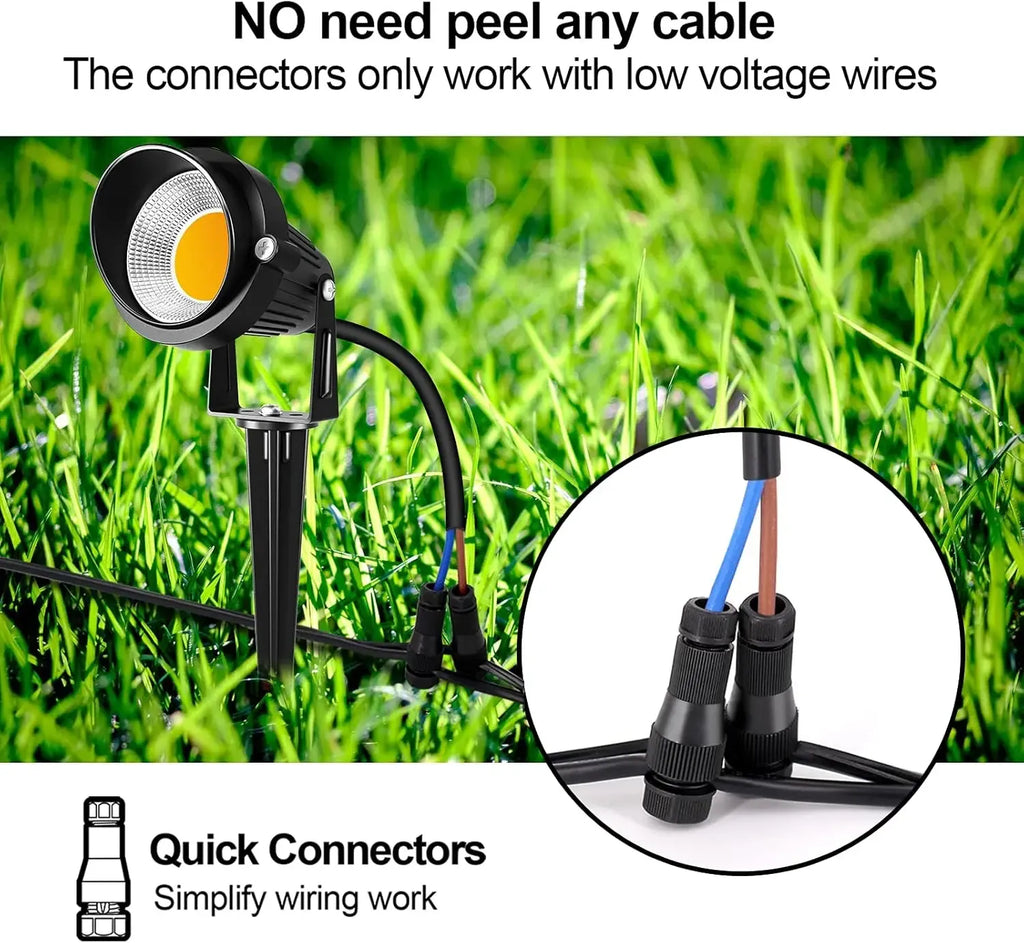 Outdoor LED landscape spotlight with quick-connect wiring and black cable connectors