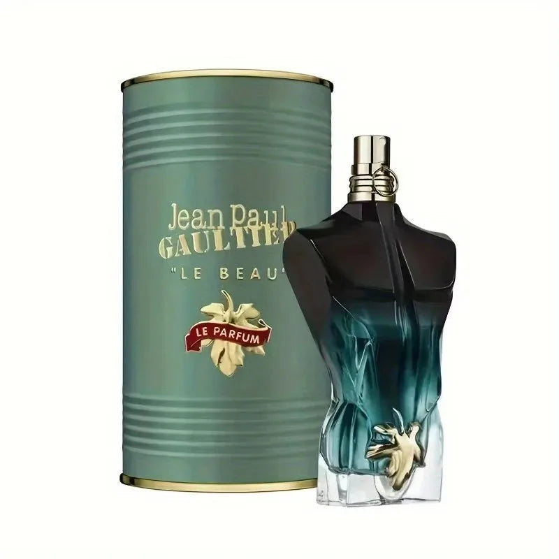 Jean Paul Gaultier Le Beau Le Parfum men's EDP, torso bottle with gold leaf, in signature green metal tin canister.