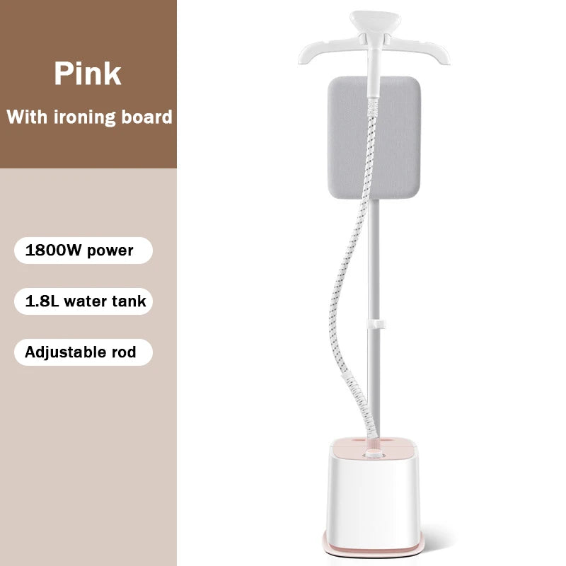 Pink vertical garment steamer with ironing board, adjustable rod, and hose