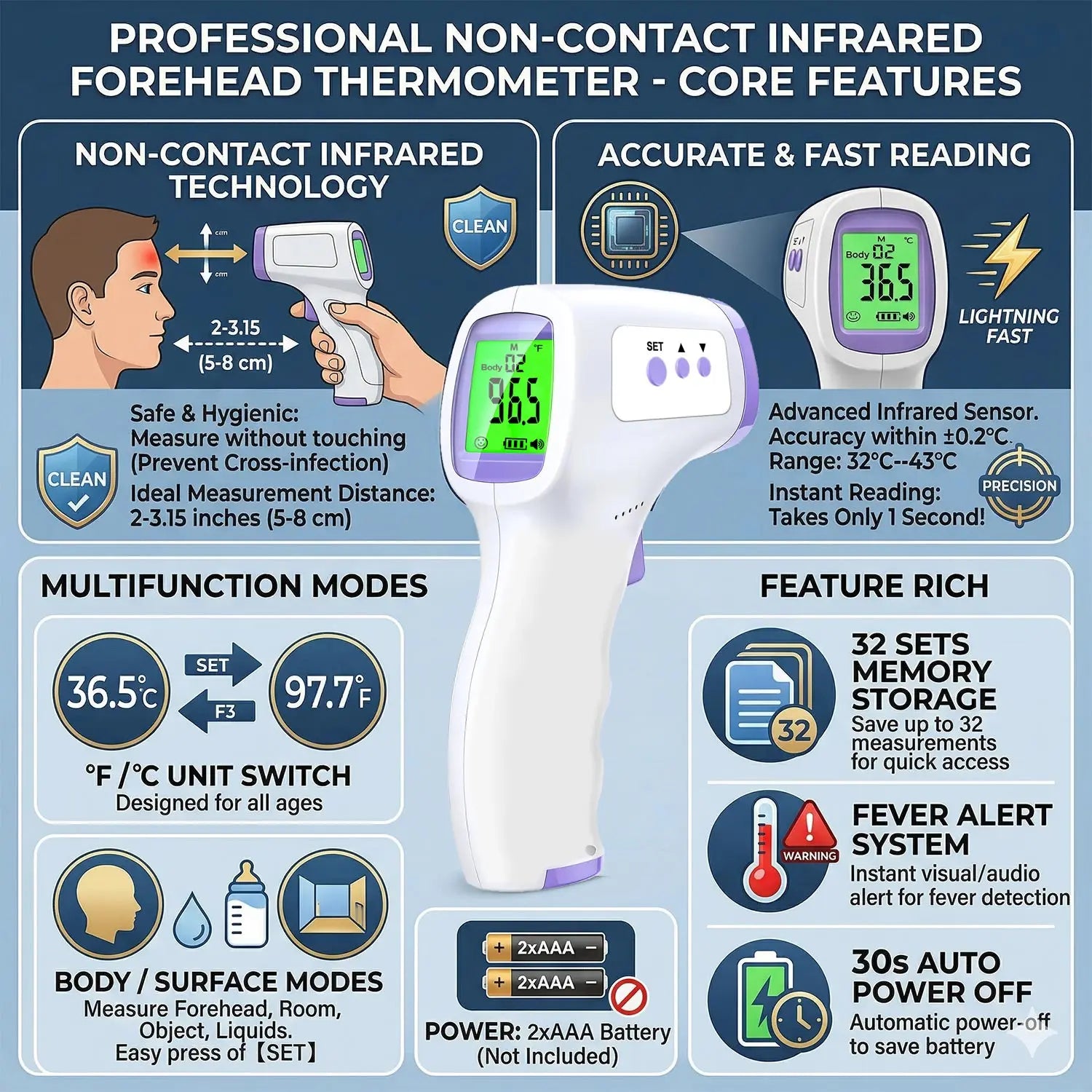 Digital Thermometer Electronic Non-Contact Medical Infrared for Baby Adults Body Medical Thermometer Home Fever Monitor