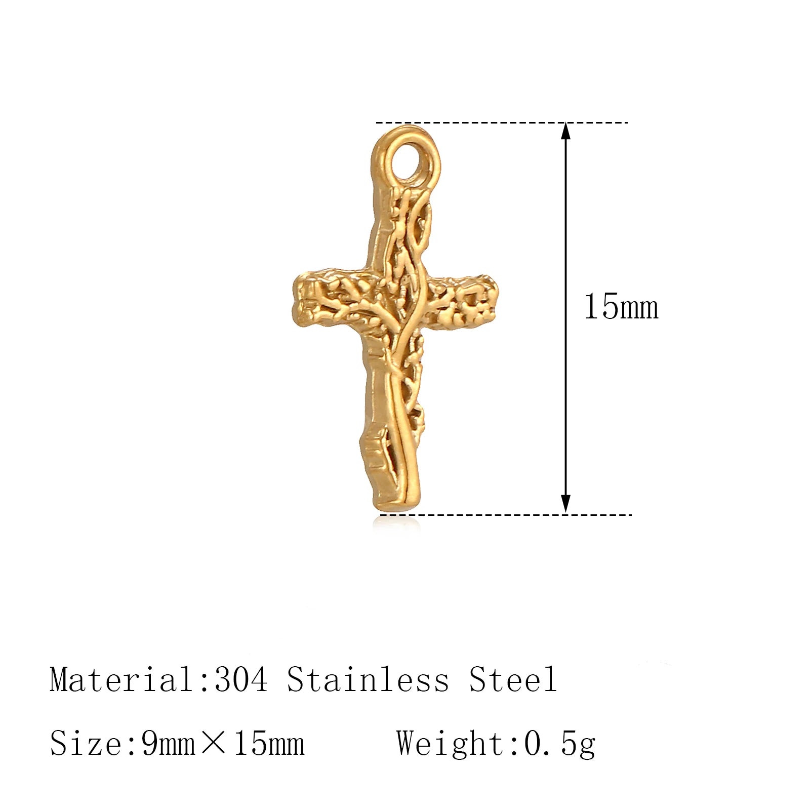 Gold cross charm pendant for pet collars, 15mm 304 stainless steel jewelry making supply for DIY necklaces.
