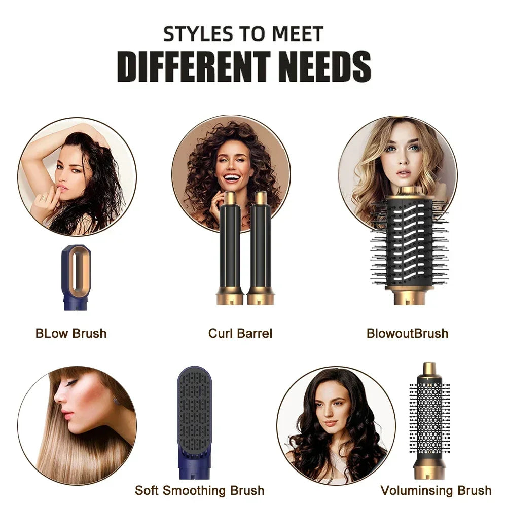 6-in-1 hair dryer brush set with gold attachments, curling barrels, blowout, smoothing, and volumizing brushes.