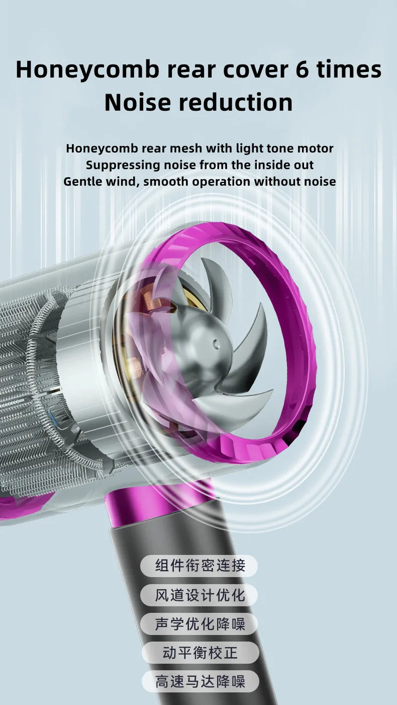 2400W high-speed hair dryer showing internal honeycomb noise-reduction design and purple motor casing details.