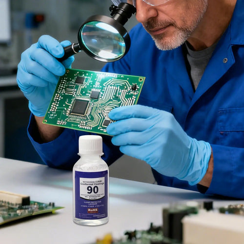 Technician in blue inspecting a green circuit board with a magnifier next to a 100ml bottle of clear Tidesmit coating.
