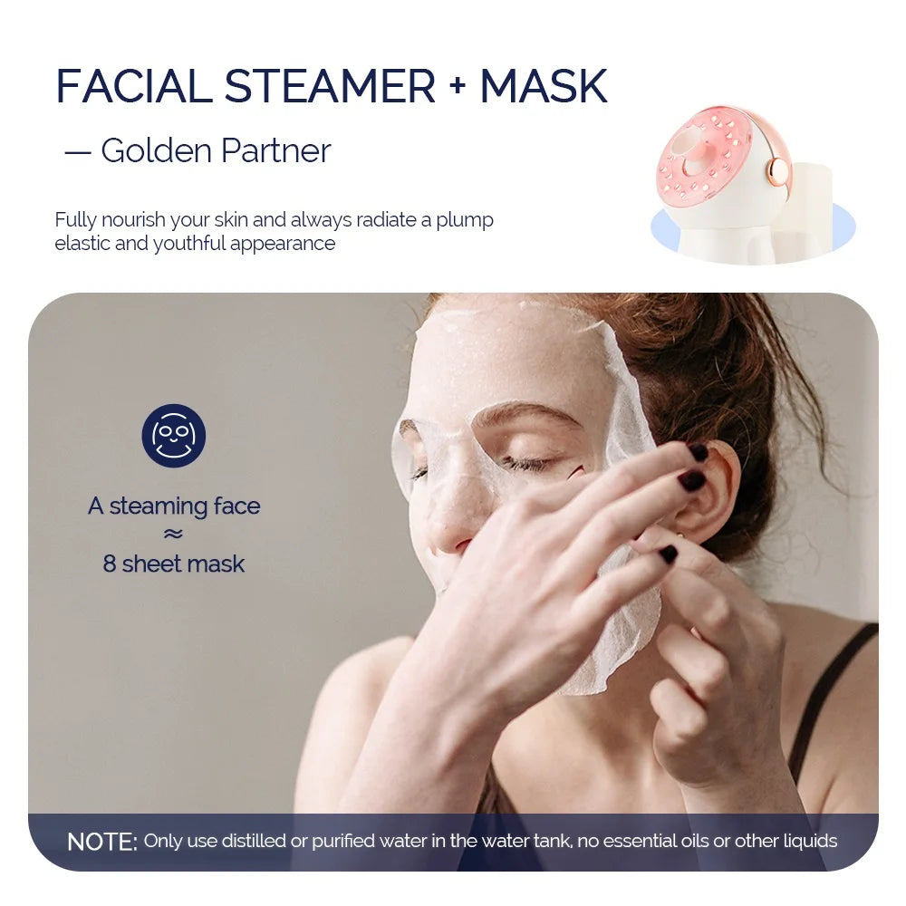 Pink and white compact facial steamer with a sheet mask for skin hydration.