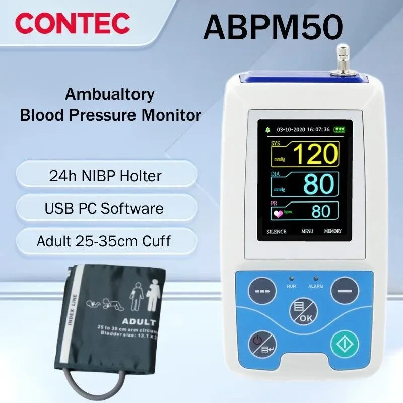 CONTEC ABPM50 24 Hours NIBP Holter Dynamic Upper Arm Digital Blood Pressure Monitor PC Software, Large Adult or Adult Cuff