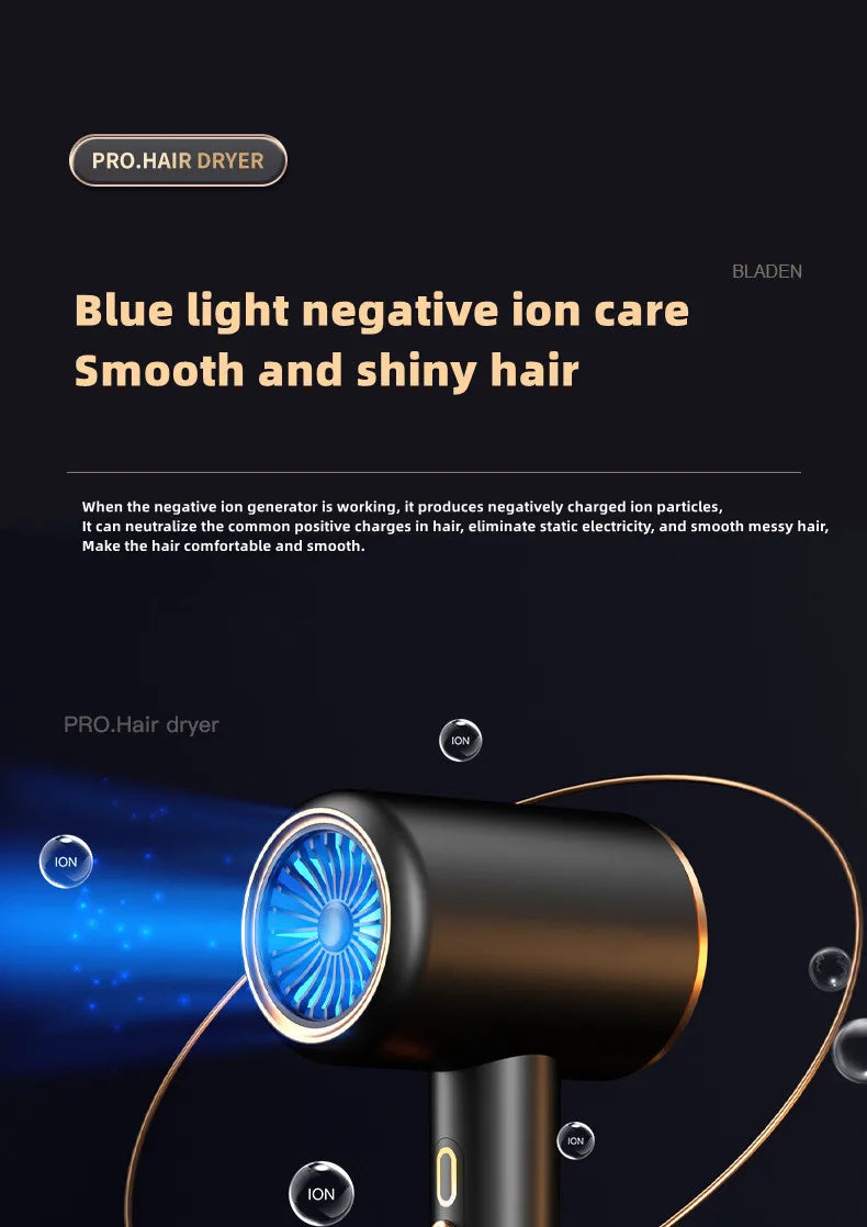 Black 2400W high-speed hair dryer with blue light negative ion technology for smooth, shiny salon-quality hair styling.