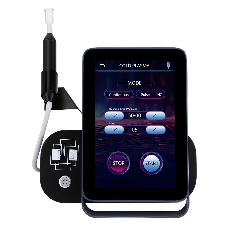 Black cold plasma beauty pen with digital touchscreen for professional acne treatment and skin repair.