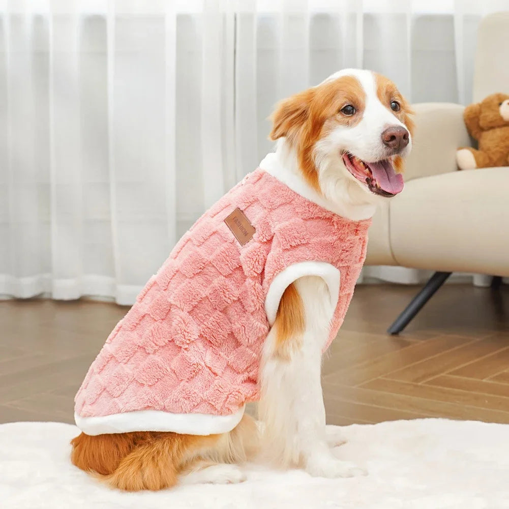 Dog wearing a cozy pink textured winter sweater vest for warmth, available in sizes S-8XL for large and small breeds.