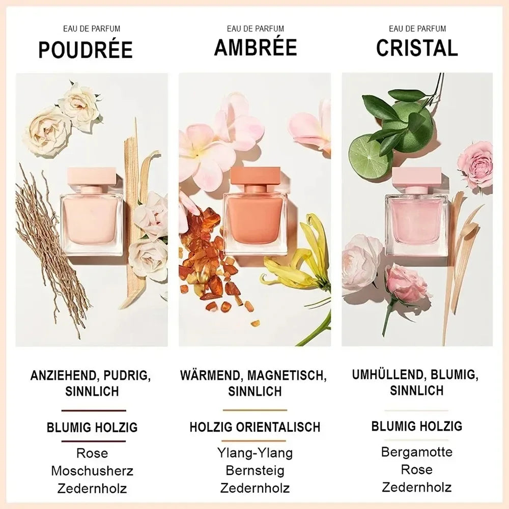 Three square women's EDP perfume bottles with woody, floral, and musk notes, featuring rose, ylang-ylang, and bergamot.