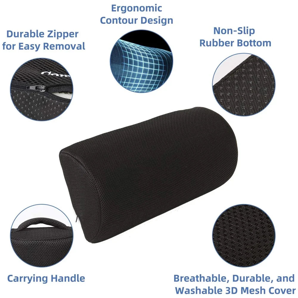 Black ergonomic under-desk foot rest with memory foam, washable mesh cover, non-slip base, and carrying handle.