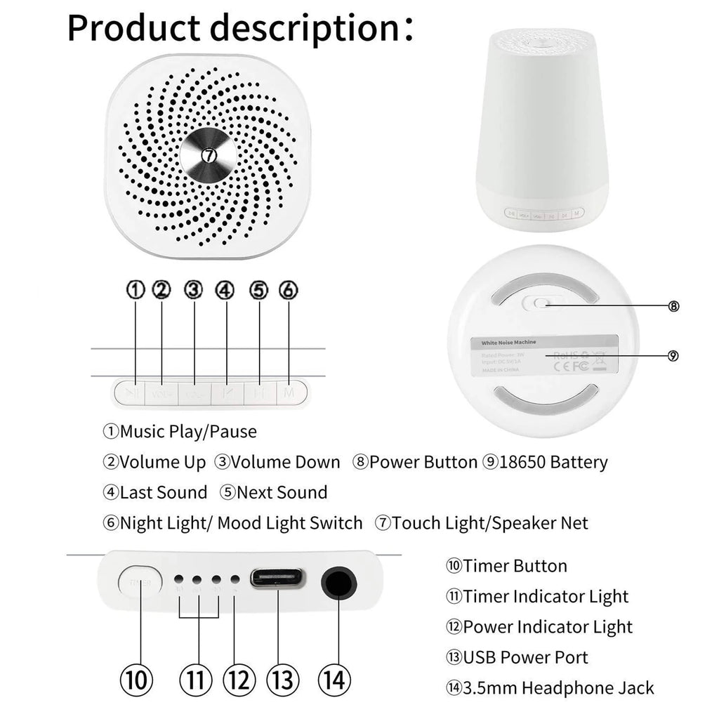 Smart White Noise Machine Baby Sleep Sound Machine Colorful Night Lights 34 Soothing Sounds Supports APP Remote Control