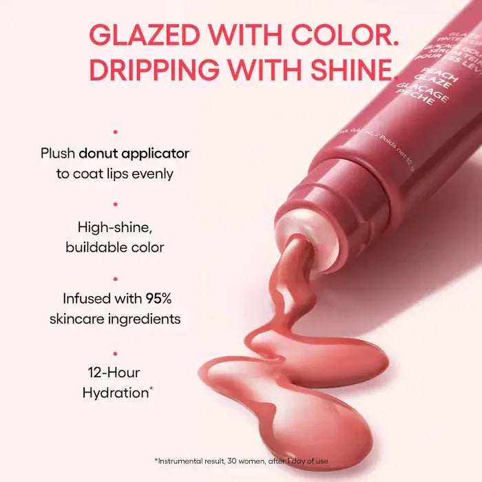 Laneige Peach Glaze hydrating lip balm gloss with high-shine, buildable tinted color and plush donut applicator.