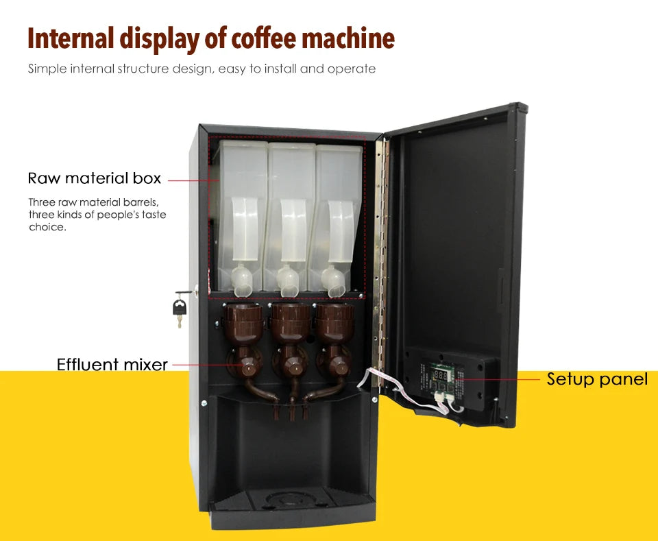 Black 3-canister commercial coffee machine showing internal raw material boxes, mixing chambers, and digital setup panel.