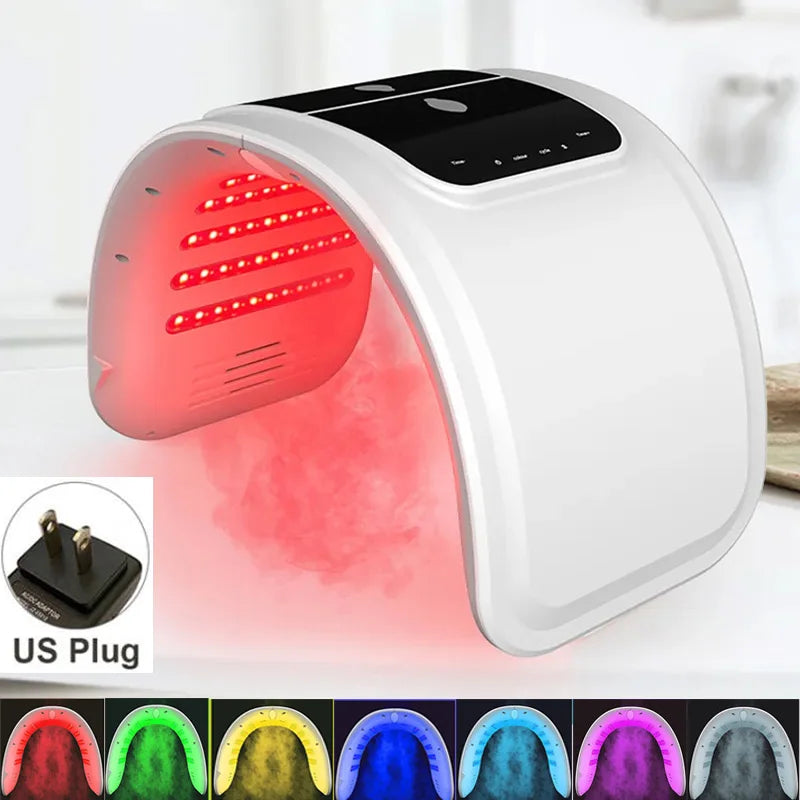 White, arch-shaped LED facial light therapy device with a black control panel and US power plug.