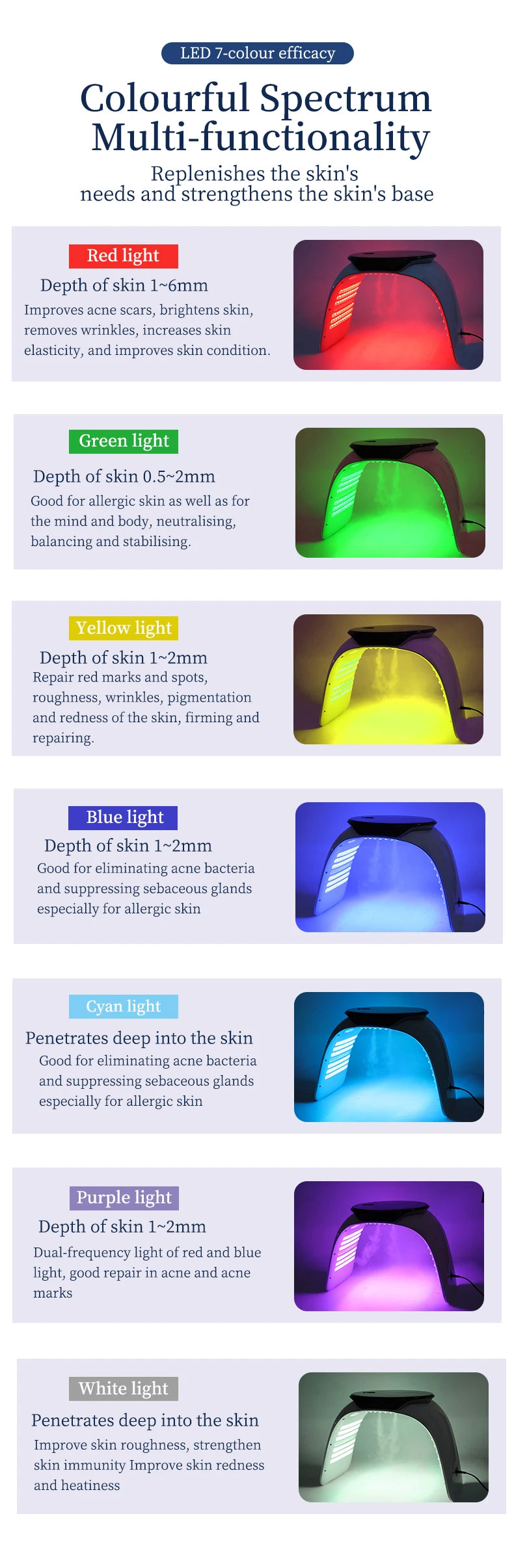 LED facial light therapy device in an arched shape, displaying seven different color modes for skin rejuvenation.