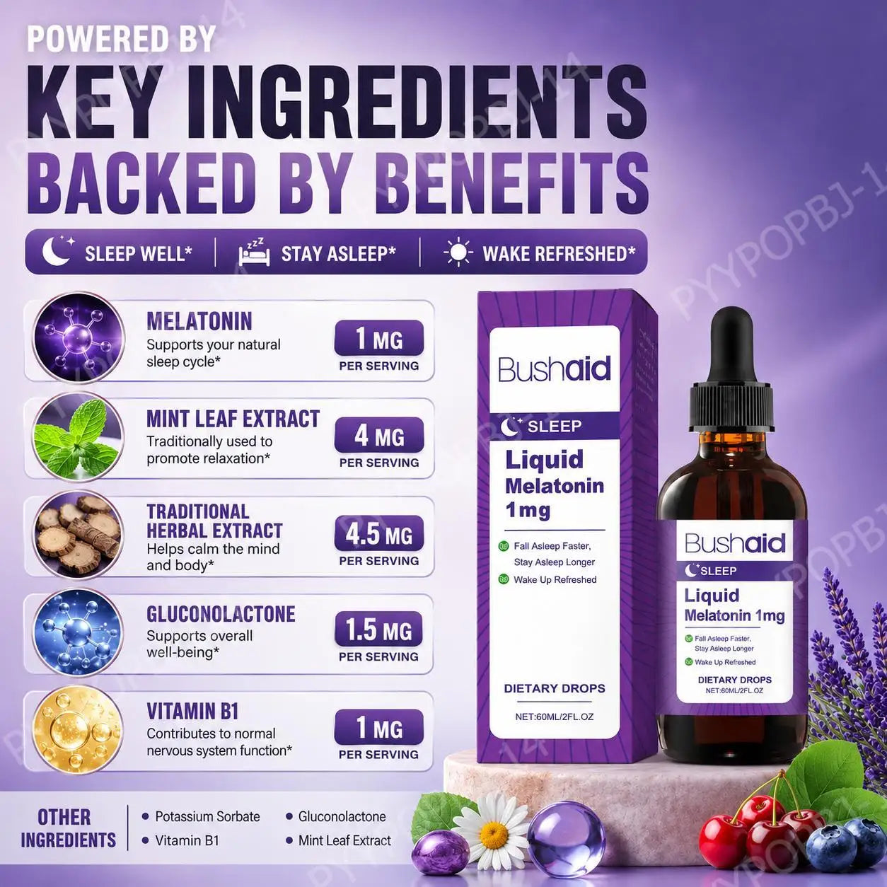 Liquid Melatonin 1 Mg Sleep Drops, Mint Leaf Extract, Fall Asleep Faster, Stay Asleep Longer, Wake Up Refreshed 60 ML