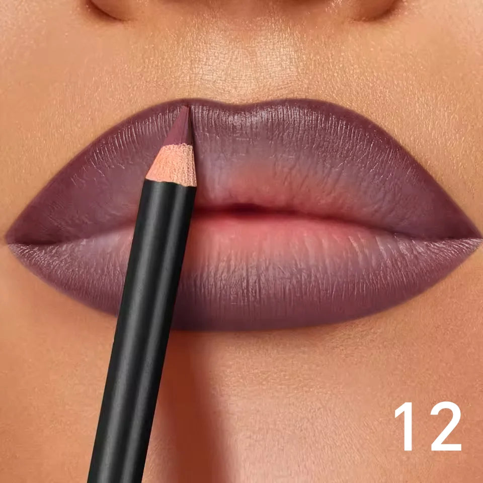 Waterproof matte lip liner pencil applying long-lasting, non-transfer mauve shade to lips for a smooth, defined finish.