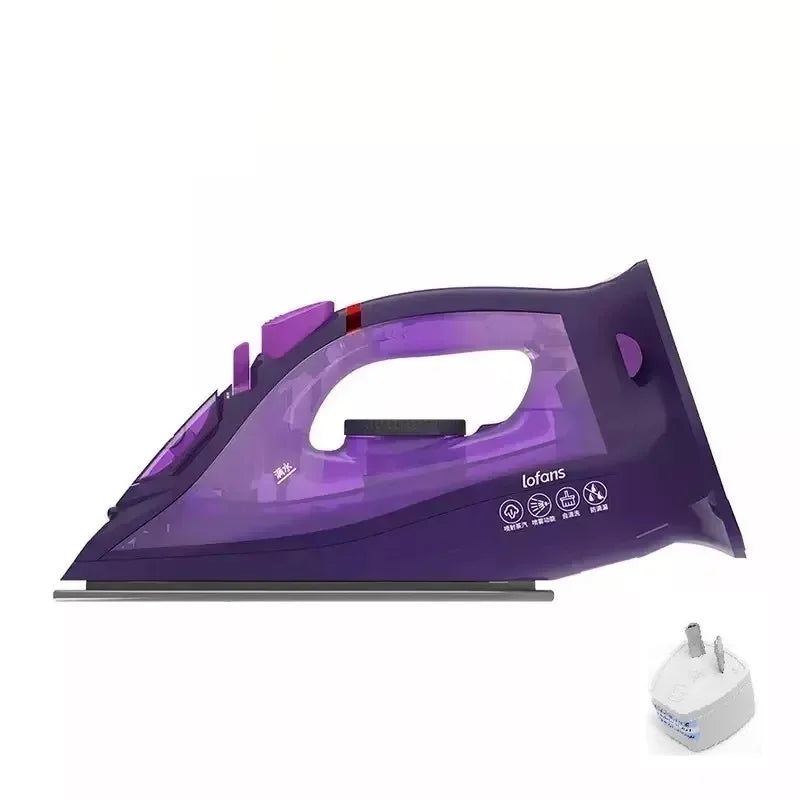 Purple cordless steam iron with plug adapter and stand, iron and accessories