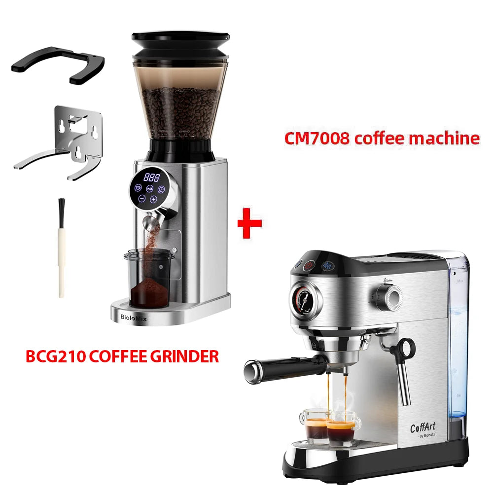 BioloMix BCG210 grinder and CM7008 stainless steel espresso machine set with digital display and accessories.