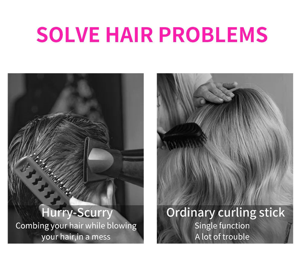 Black portable hair dryer brush and comb attachment styling hair for a salon-quality blowout and straightening.