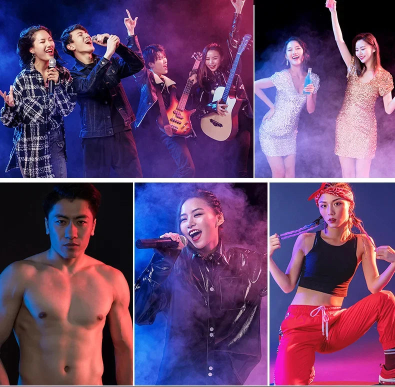 Collage of young people performing, singing, playing instruments, and dancing under colorful stage lighting.