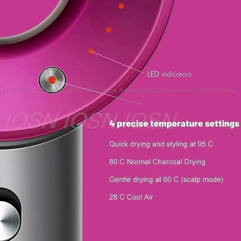 Pink professional leafless hair dryer with LED indicators and 4 precise temperature settings for quick, safe styling.