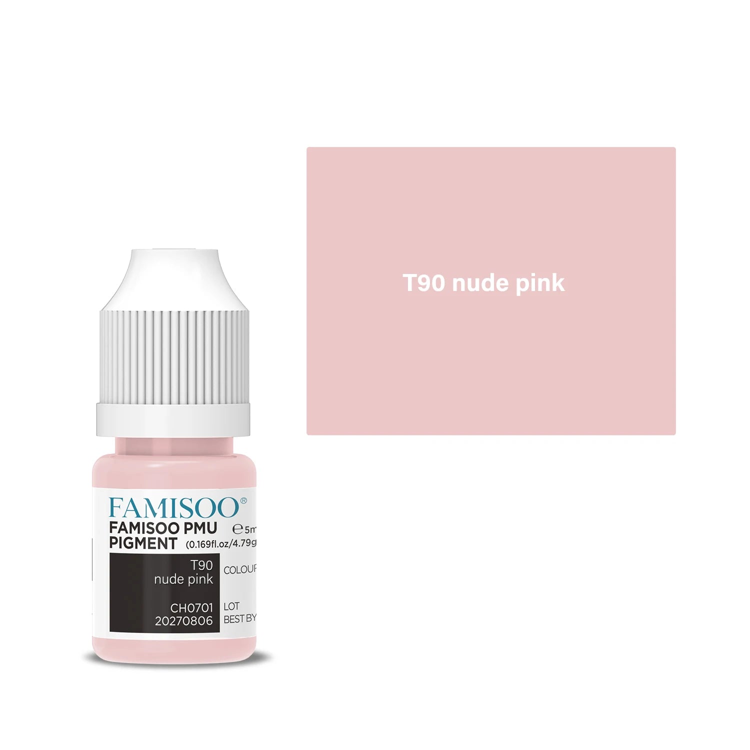 T90 nude pink permanent makeup pigment in a 5ml plastic squeeze bottle for cosmetic tattooing.