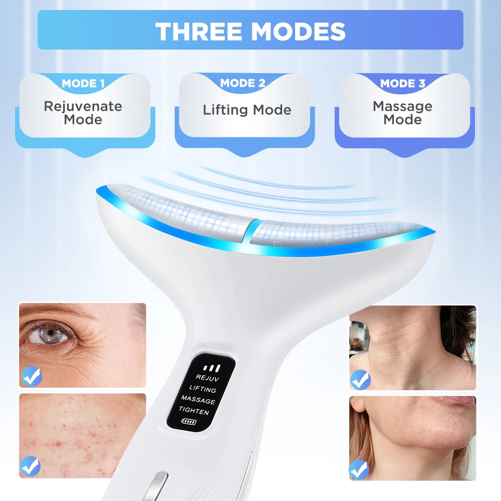 White, T-shaped EMS face and neck massager with LED light, showing three modes and skin application examples.