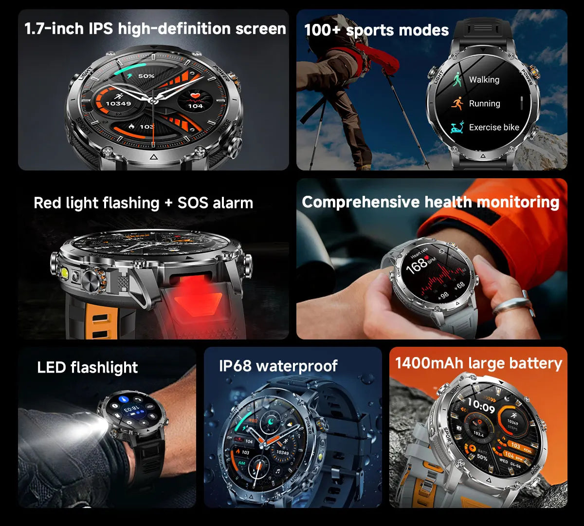 New Military ULtra 1400mAh Huge Battery SmartWatch Two Flashlight 10ATMan Waterproof HD Call 1.73“ 100+Sports Smart watch Man