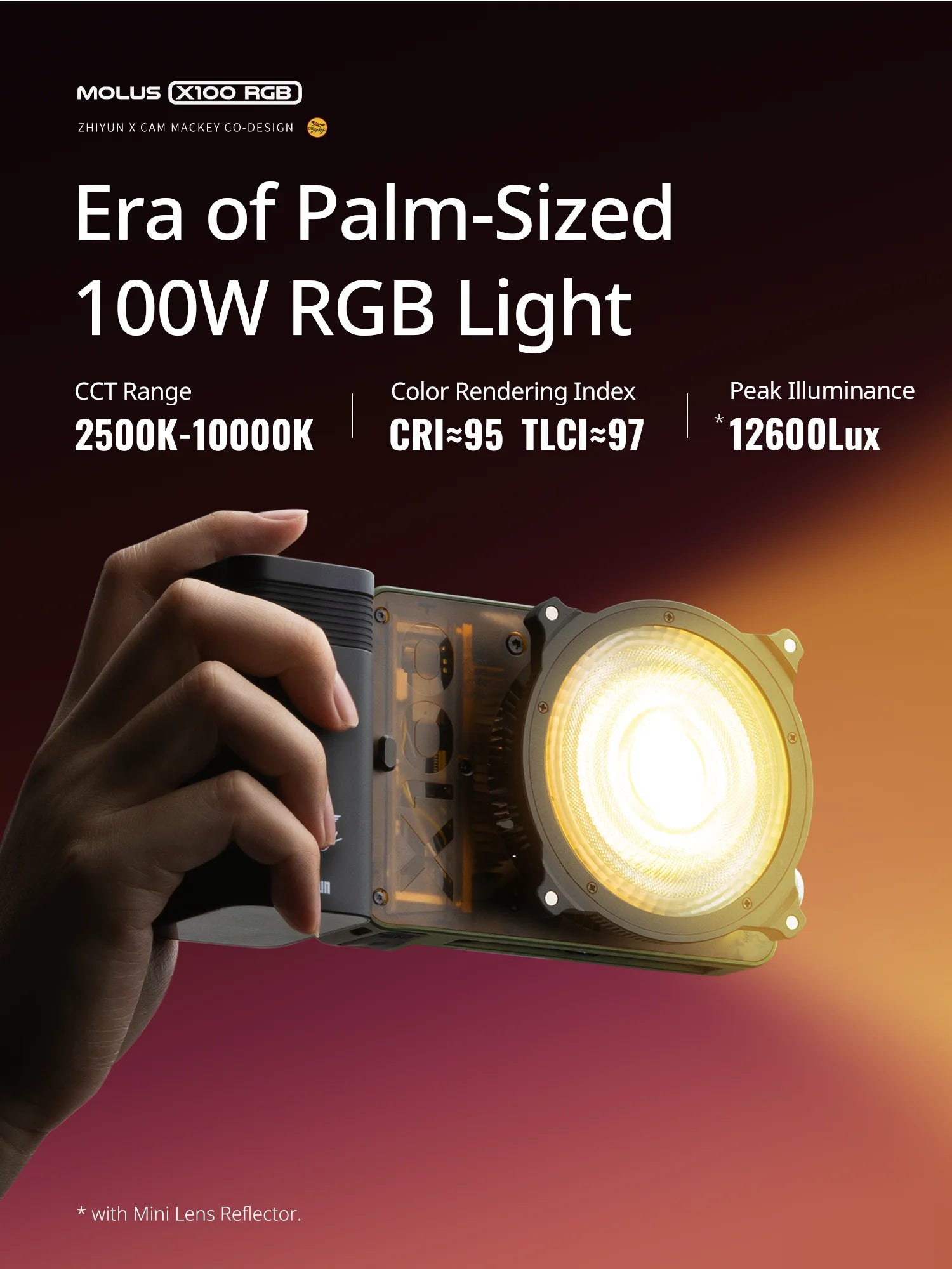 Palm-sized 100W RGB LED light in a dark housing with a round reflector, held in a hand for portable photography