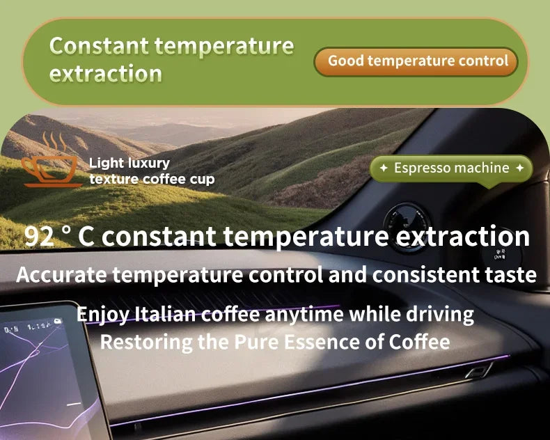 Portable car espresso machine with 92°C constant temperature extraction for high-quality coffee while driving.